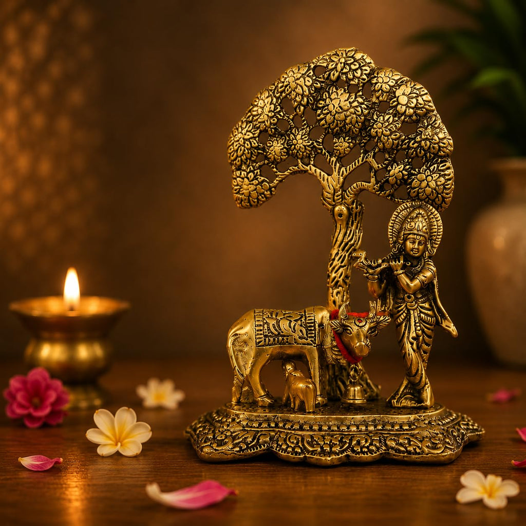 RCI Handicrafts Metal Krishna with Cow Standing Under Tree Plying Flute Statue, 12x8x17cm, Gold, 1 Piece