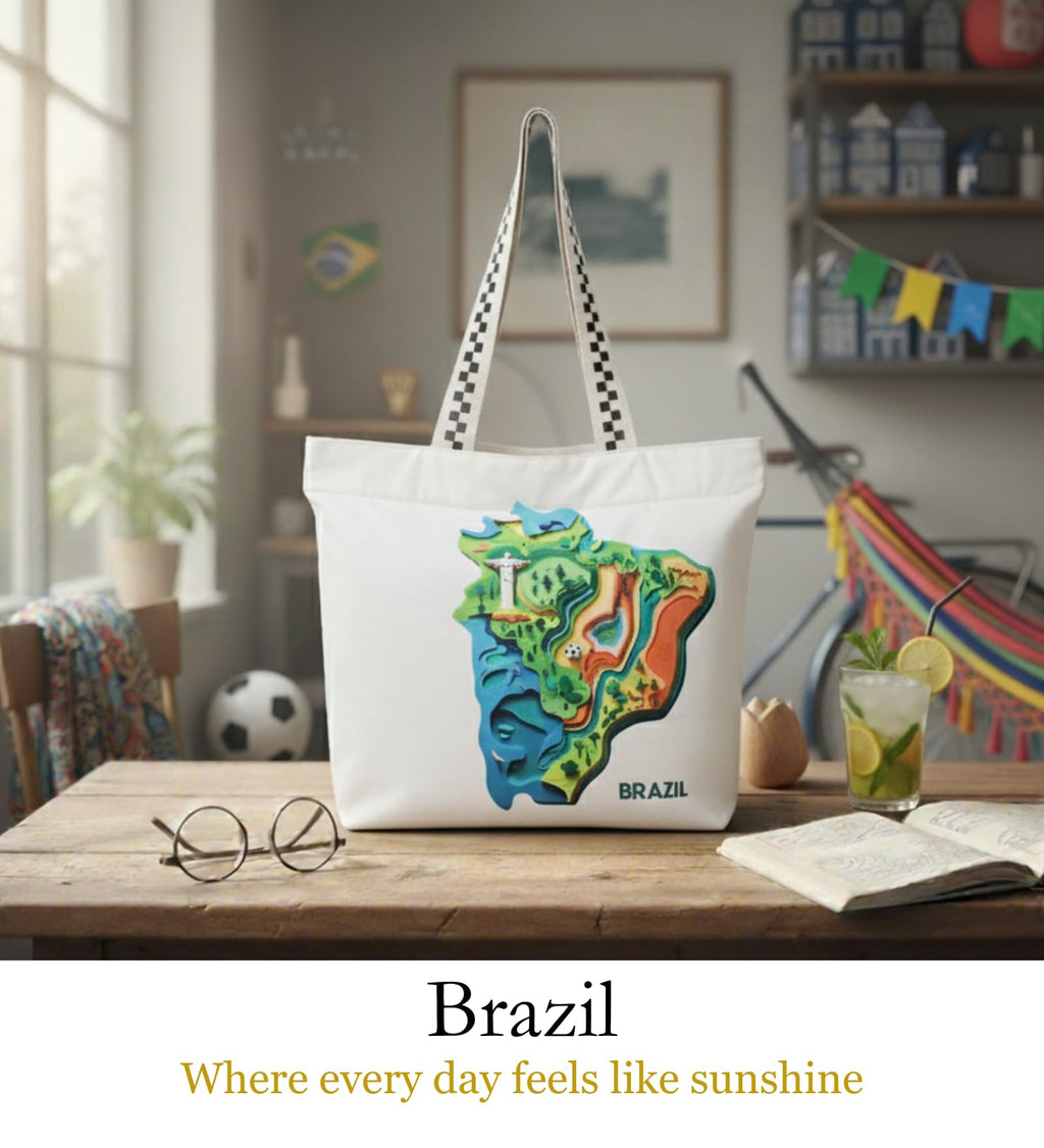 WOTM On The Move Tote | Premium Printed Cotton Canvas Tote Bag with Zipper & Inside Pocket, Stylish Everyday Travel Bag for Work, College, Office, Travel, Shopping (Brazil)