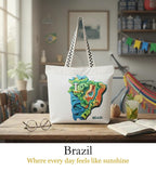 WOTM On The Move Tote | Premium Printed Cotton Canvas Tote Bag with Zipper & Inside Pocket, Stylish Everyday Travel Bag for Work, College, Office, Travel, Shopping (Brazil)