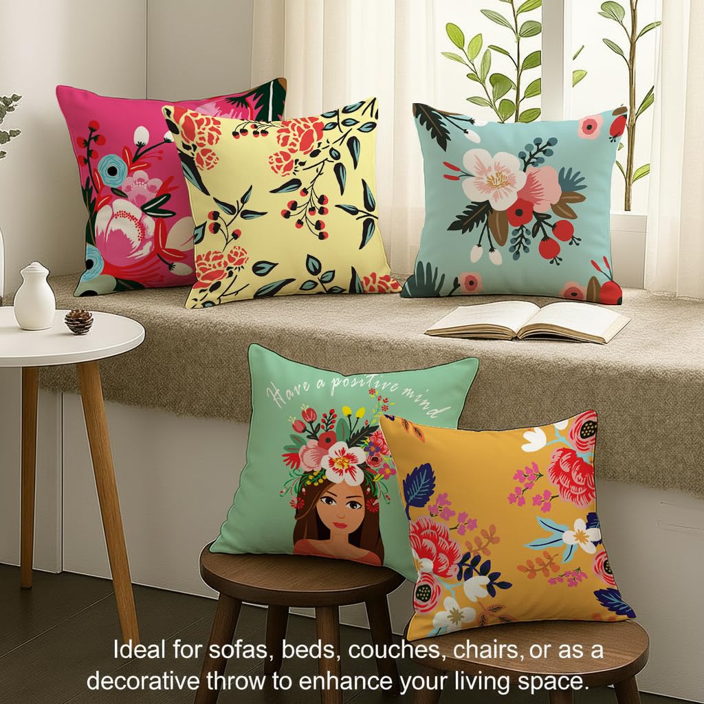 STITCHNEST Set of 5 Bloom & Positivity Collection Printed Jute Cushion Covers 16x16 Inches | Decorative Throw Pillow Covers for Sofa, Living Room, Bedroom | Perfect for Home Decor