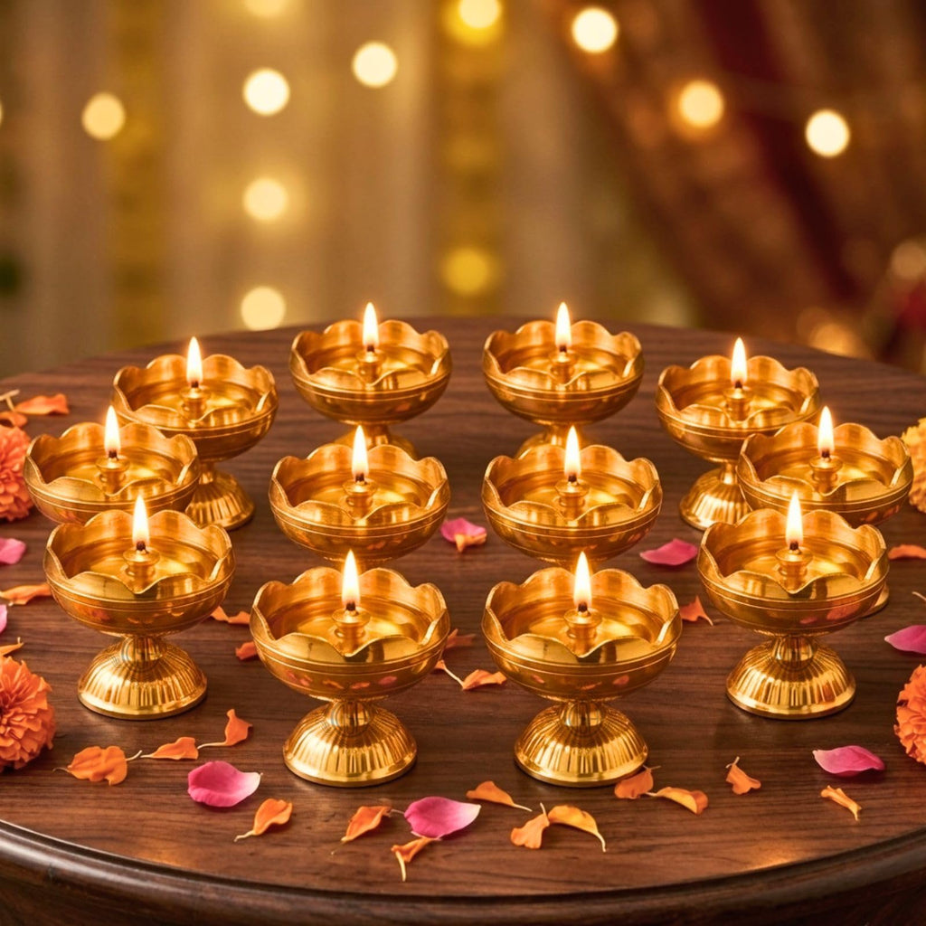 Brass Diya Pure Brass Traditional Oil Puja Lamp for Temple, Mandir, Festival Decoration, Home Decor & Diwali Gift (Flower Bloom, Set of 12)