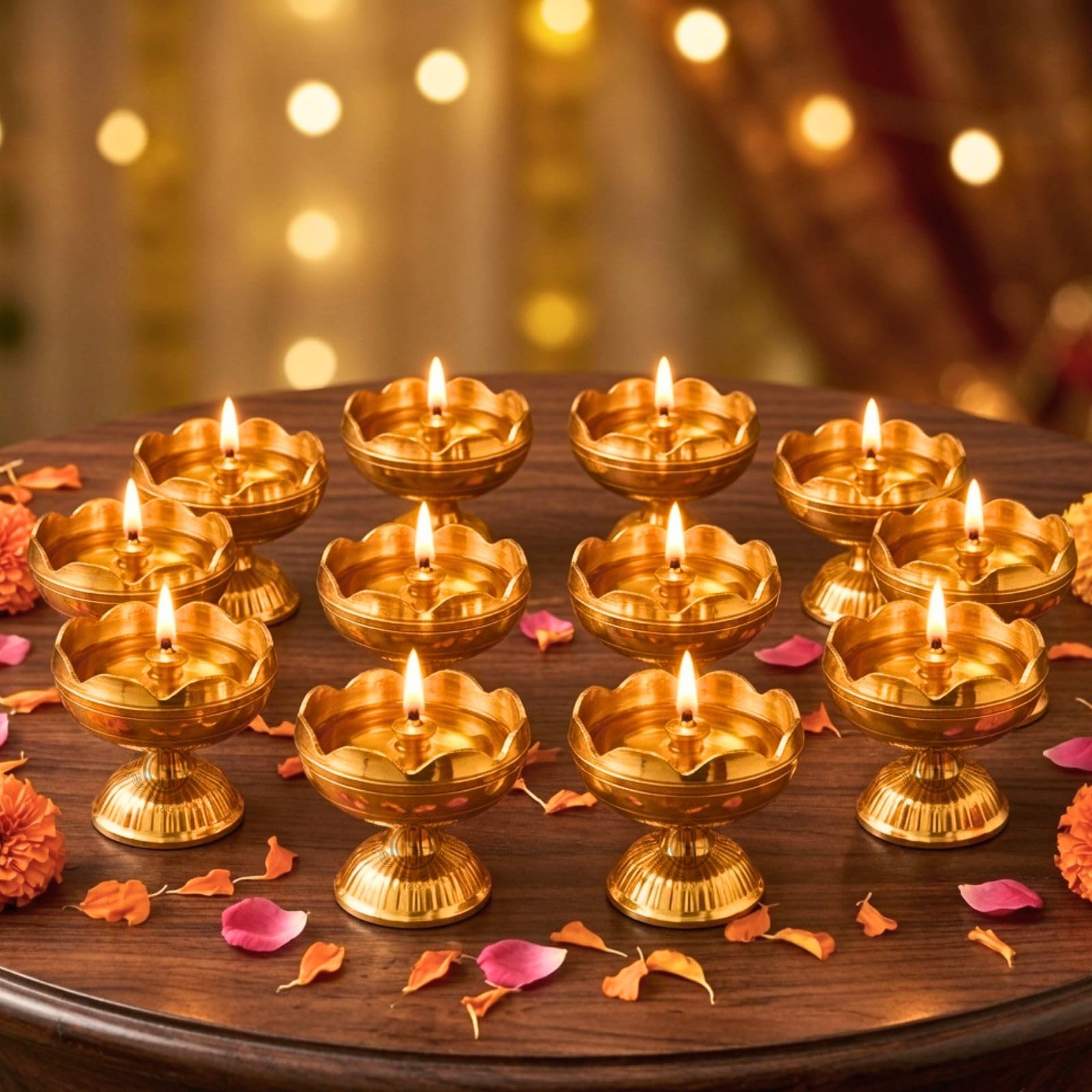 Brass Diya Pure Brass Traditional Oil Puja Lamp for Temple, Mandir, Festival Decoration, Home Decor & Diwali Gift (Flower Bloom, Set of 12)