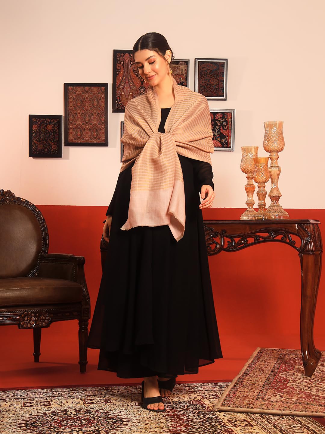 Pashmoda Women Golden Eclipse Reversible Zari Moonlight Fine Wool Stole (Size : 28x80in, 71X203cm) ZSST03
