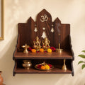 The Castle Decor Wooden Mandir for Home, Wall Hanging & Tabletop Pooja Temple with 2-Tier Storage Shelf, Om & Bell Cutwork, MDF Mandir for Pooja Room, Office & Hostel, 11 x 11 x 10 Inch (Design-4)