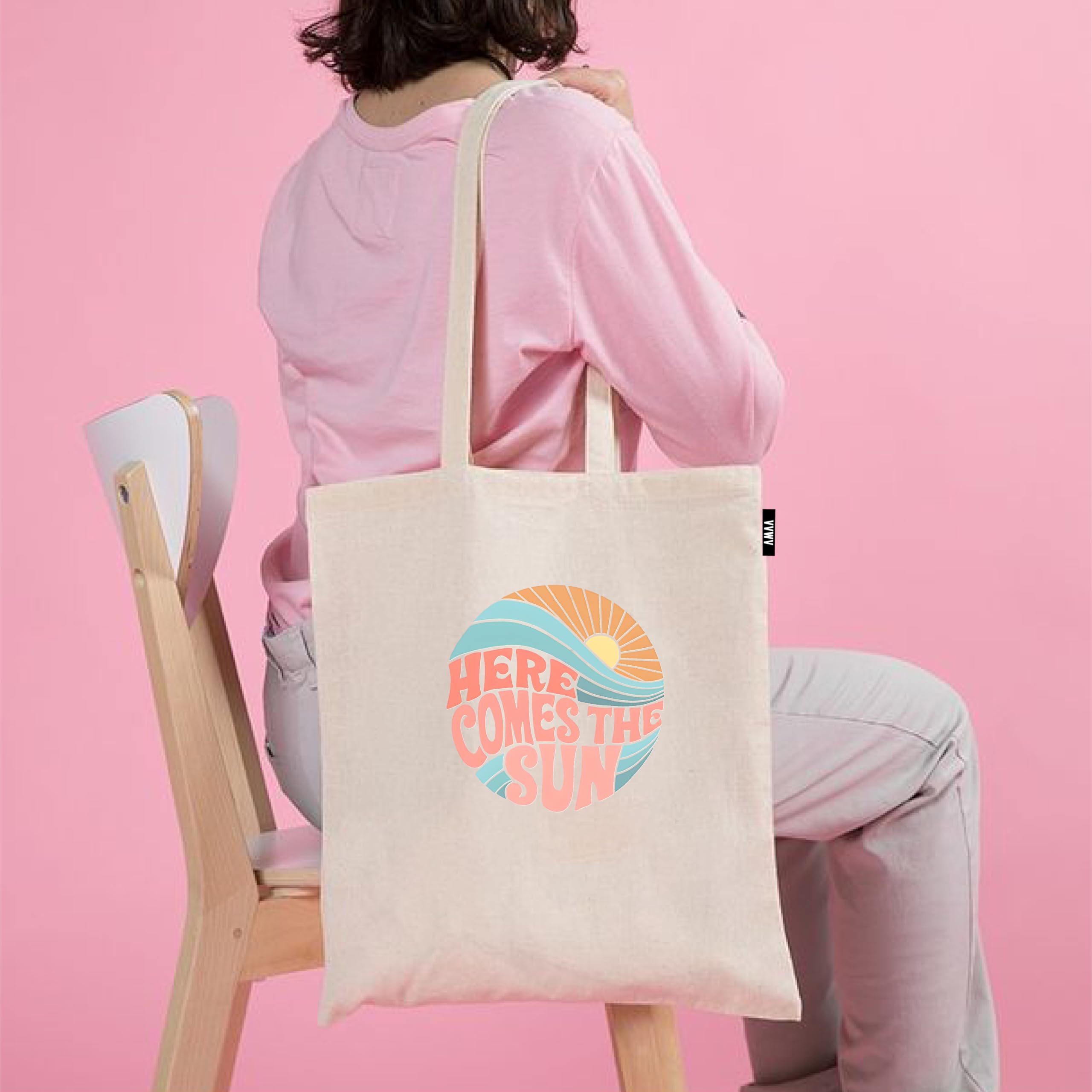 VVWV Here Comes The Sun Printed Reusable Tote Bags | 100% Organic Cotton Shopping/Grocery Bag | Multi-Purpose Bag | Sturdy Canvas Bag with 15kgs Capacity (13 x 15.7 Inch)