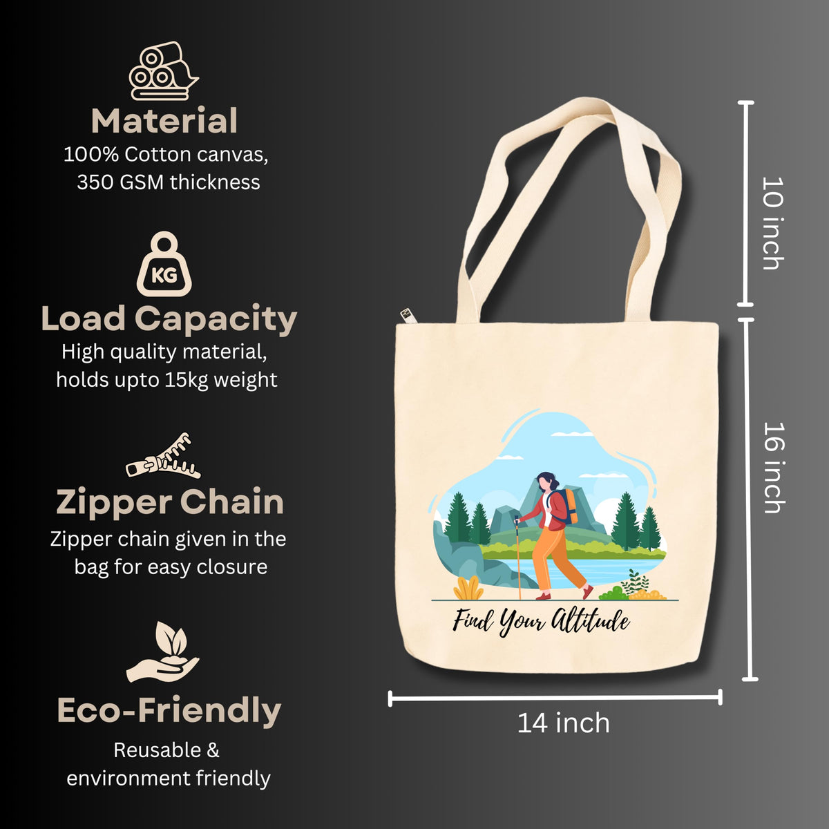 snapiq COTTON 350 GSM Canvas Tote Bag for Women and Girls Thick Fabric with Zipper (Beige, Hike Girl)
