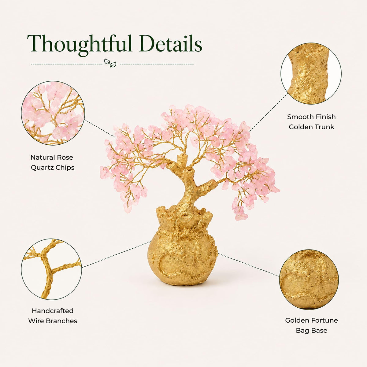 Habere India-All the Cultures Fabricating India Rose Quartz Crystal Tree in Gold Pot | Feng Shui Tree for Love, Harmony & Positive Energy | Healing Crystal Home Decor (L15 x W10 x H17 cm)