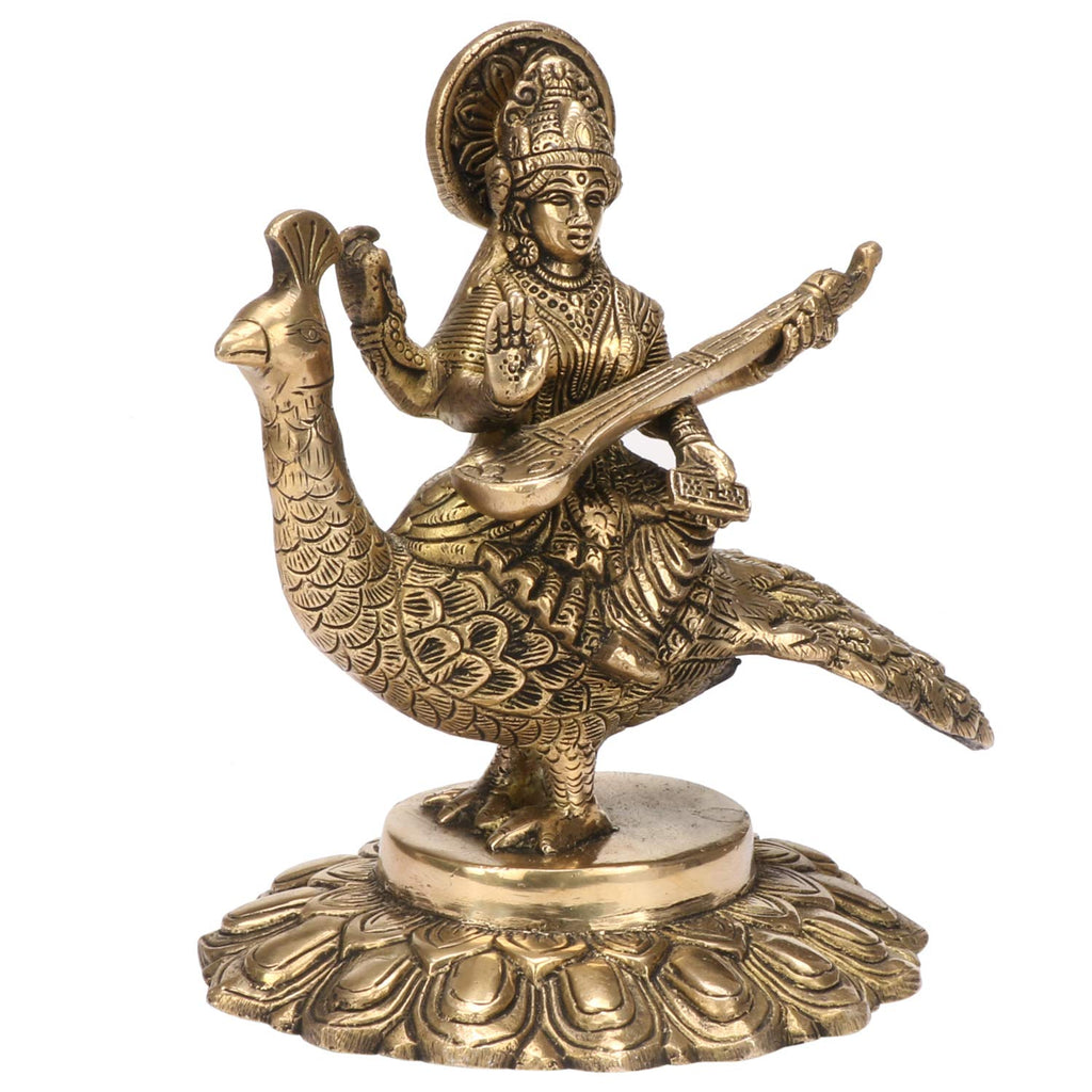 ARTVARKO Brass Goddess Maa Saraswati Statue Sitting on Swan Education Study Vidya Devi Idol Spiritual Puja Vastu Showpiece Religious Murti Sculpture Knowledge Music & Art 7 Inches