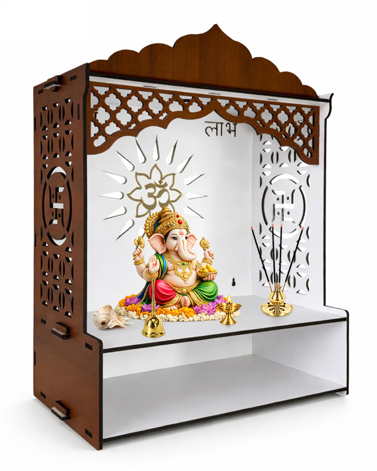 DEXORO Dual Tone Wooden Temple for Home (22 x 16 x 8.5 Inch) | White Interior Pooja Mandir with LED Light | Wall Mounted & Tabletop with Storage