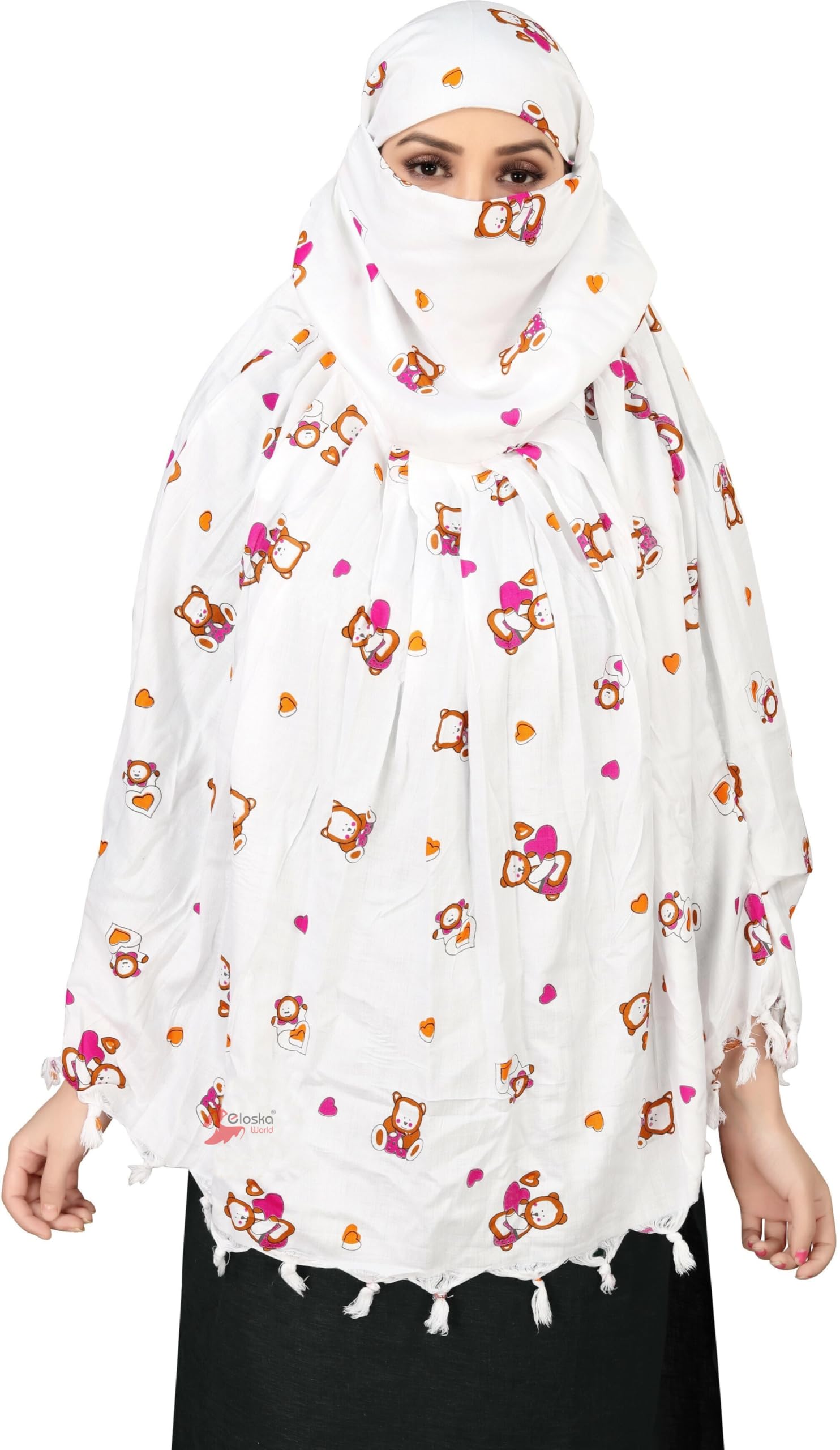 Vinsh Enterprise Cotton Female Long Scarf Cum Mask Scarves Usable for Vehicle Driver | White Printed Design | Universal Size | For Girl & Women | Soft & Breathable Sun Protection (TEDY BEAR)