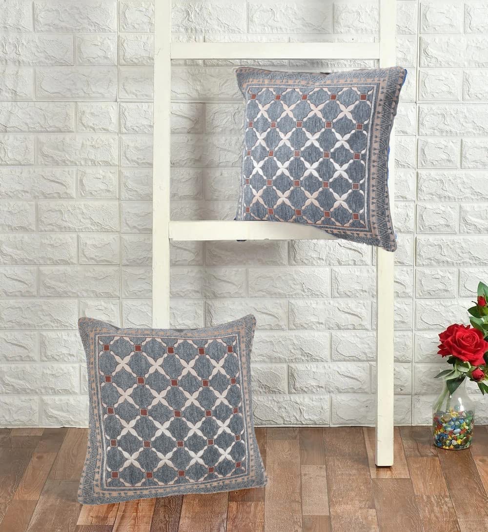 DECOMIZER Jacquard Geomteric Cushion Covers 16 inch x 16 inch Set of 2 Ethnic Motifs Cushion Covers,Design- Criss-Cross,Color- Grey