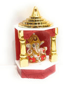 Decorative Lord Ganesha Temple Shrine with Gold-Coloured Pillars and Dome, Red and White, Marble Look