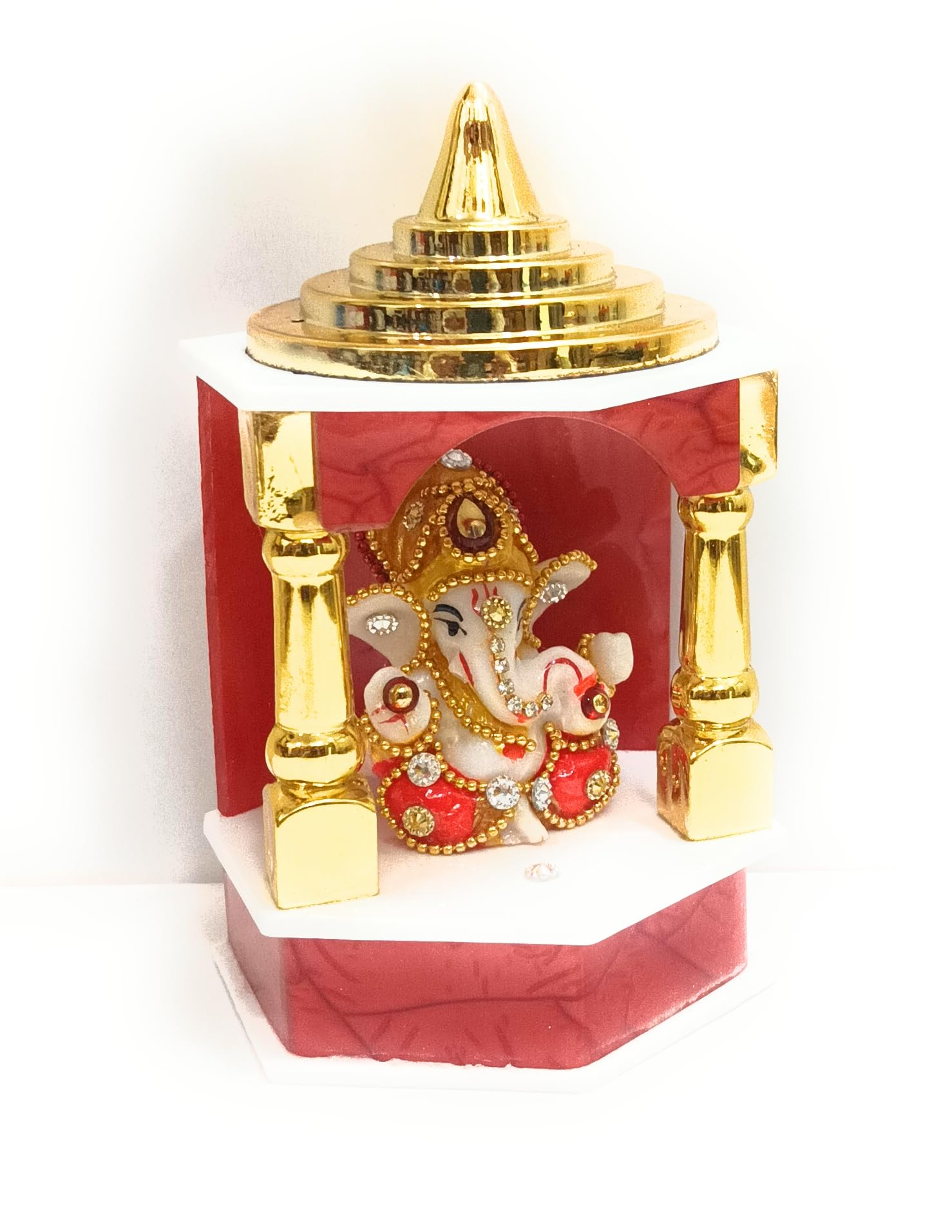 Decorative Lord Ganesha Temple Shrine with Gold-Coloured Pillars and Dome, Red and White, Marble Look