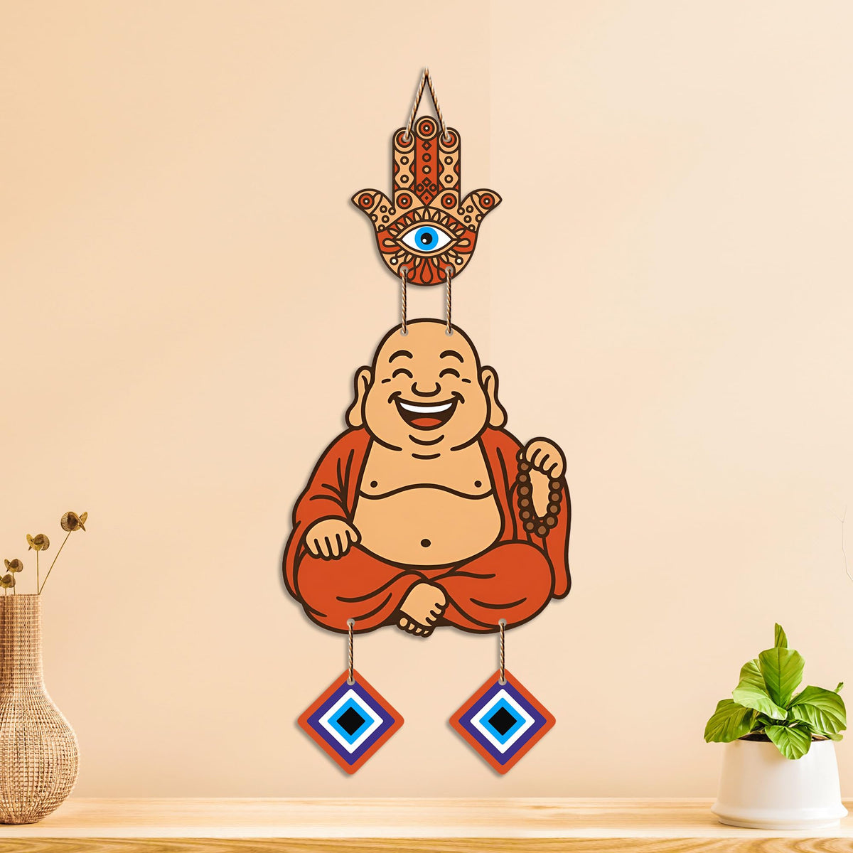Artvibes Smiling Monk Evil Eye Wall Hanging Decor for Home Entrance | Positive Energy Protection Ornament | Nazar Battu Wall Accent for Living Room | Office | Gift Item (WH_85143N)