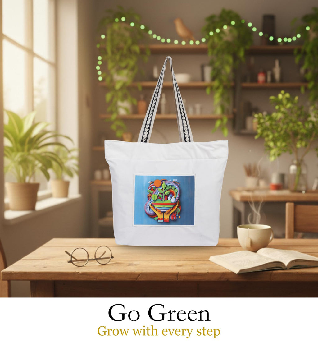 WOTM On The Move Tote | Premium Printed Cotton Canvas Tote Bag with Zipper & Inside Pocket, Stylish Everyday Travel Bag for Work, College, Office, Travel, Shopping (Go Green)