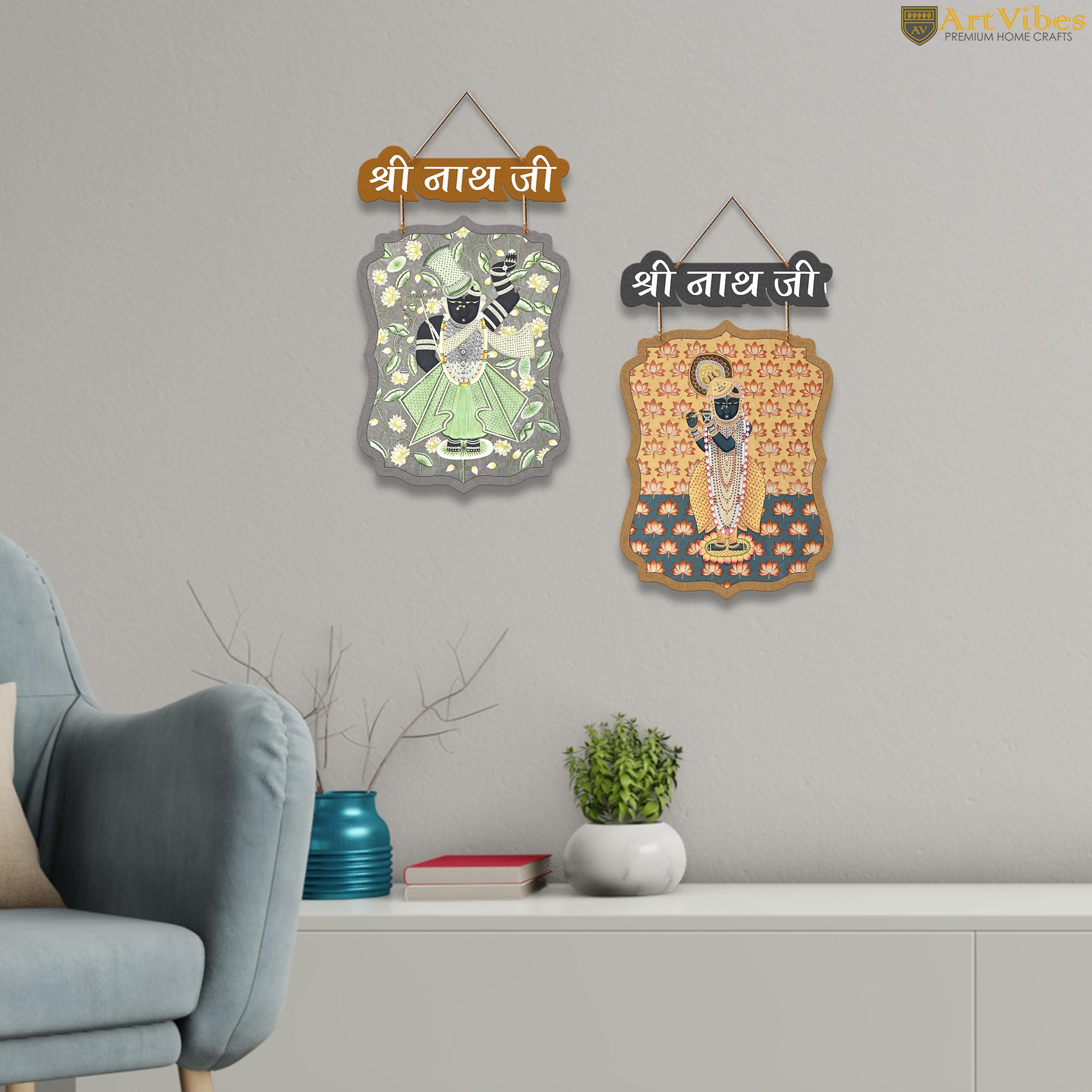 Artvibes Shri Nathji Pichwai Art Wall Hanging Home Decorative Wall Art for Living room | Religious Decor | Wall Sculpture | Signs & Plaques| Stylish Modern Decor Item | Gift Items (WH_9710N), Set of 2