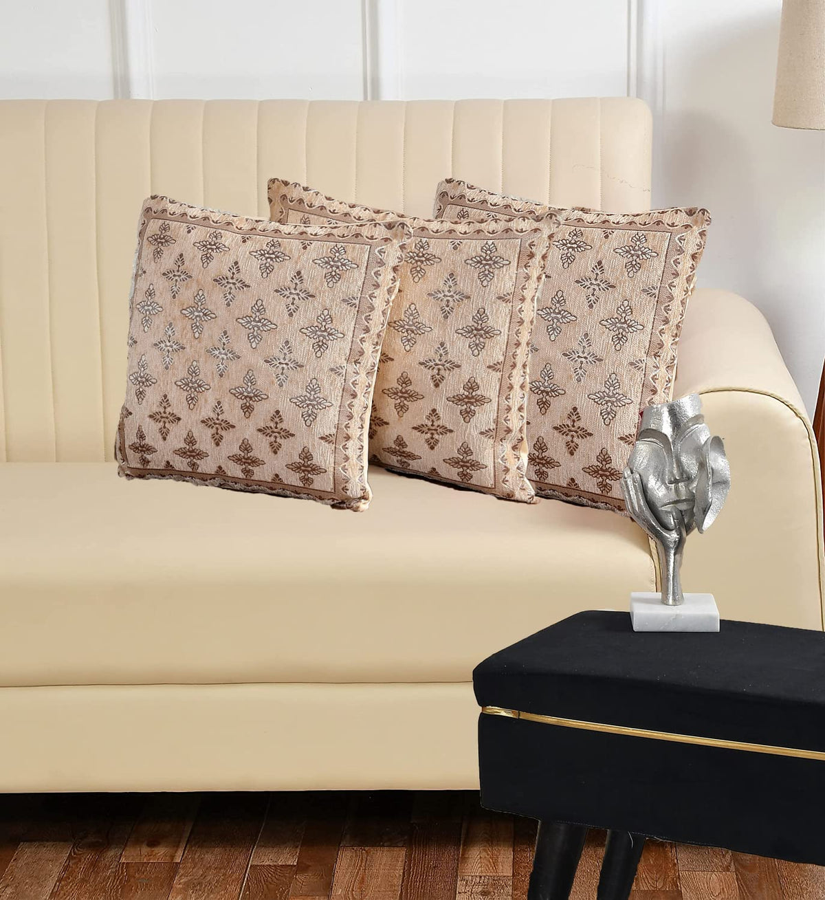 DECOMIZER Jacquard Geomteric Cushion Covers 16 inch x 16 inch Set of 3 Ethnic Motifs Cushion Covers,Design- Plus,Color- Beige