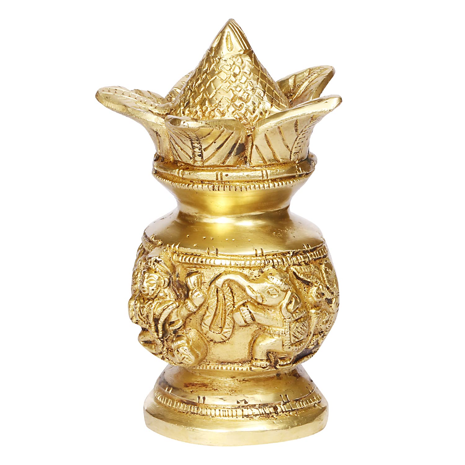 ARTVARKO Brass Laxmi Ganesh Kalash with Coconut Lakshmi Ganesha Kalash Manglam Nariyal Leaf Puja Temple Home Decorative Items 6 Inches