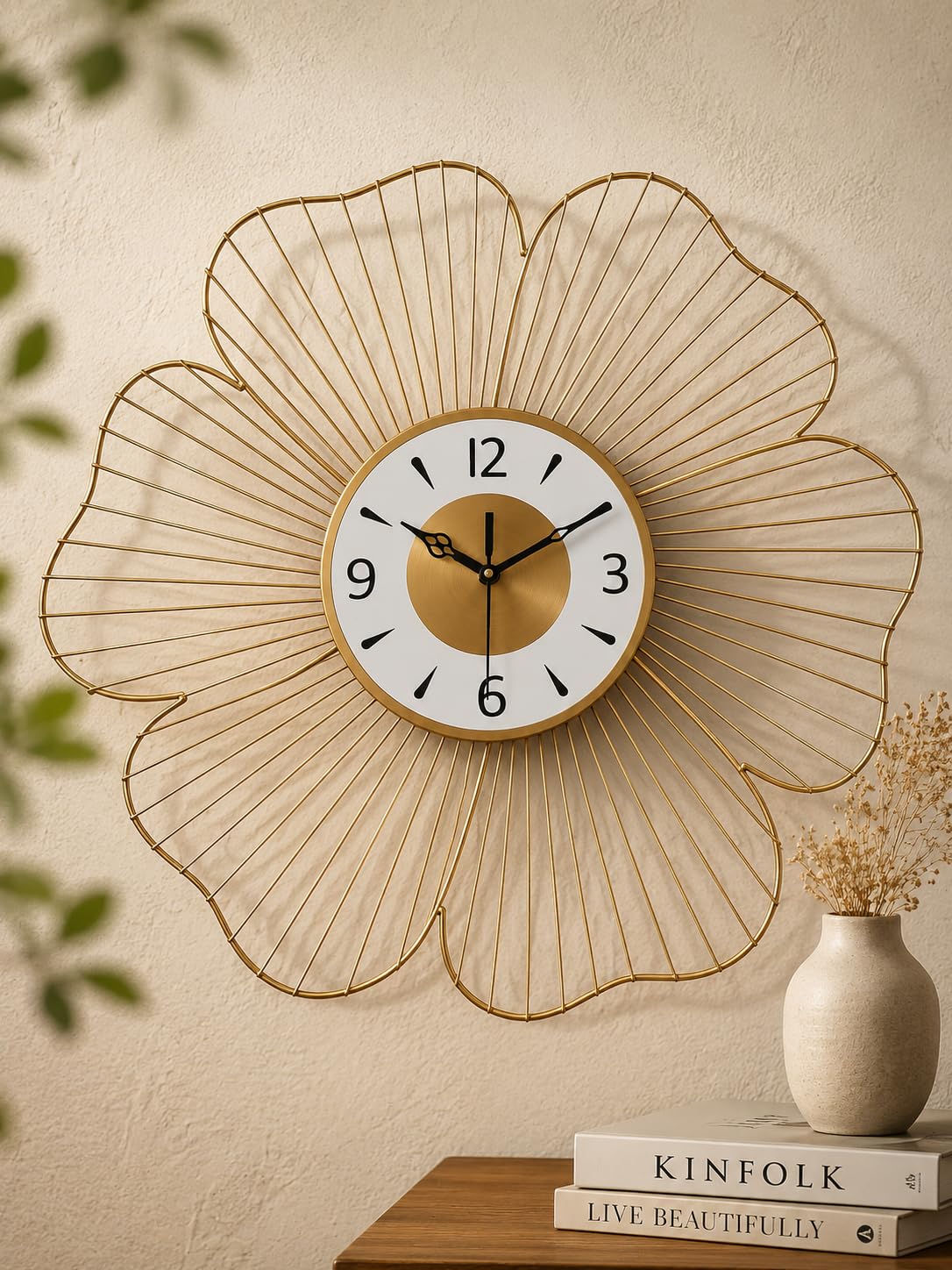 Mahira Artefacts Luxury Gold Metal Floral Wall Clock, Silent Movement, Sunburst Design, Modern Art Style, for Living Room, Bedroom, and Office