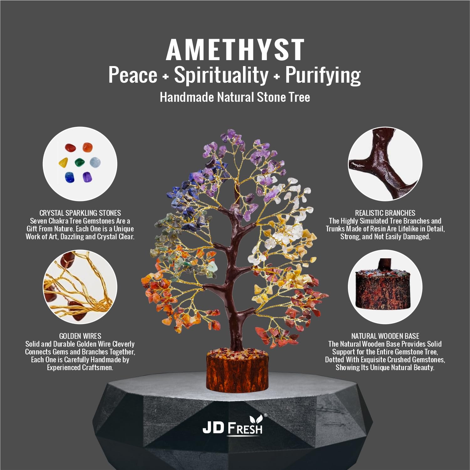 JD FRESH 300 Beads, 7 Chakra Crystal Tree, Showpiece Good Luck and Positive Energy, Showpiece for Living Room, Natural Healing Gemstones Money/Lucky Tree for Good Luck, Multicolor