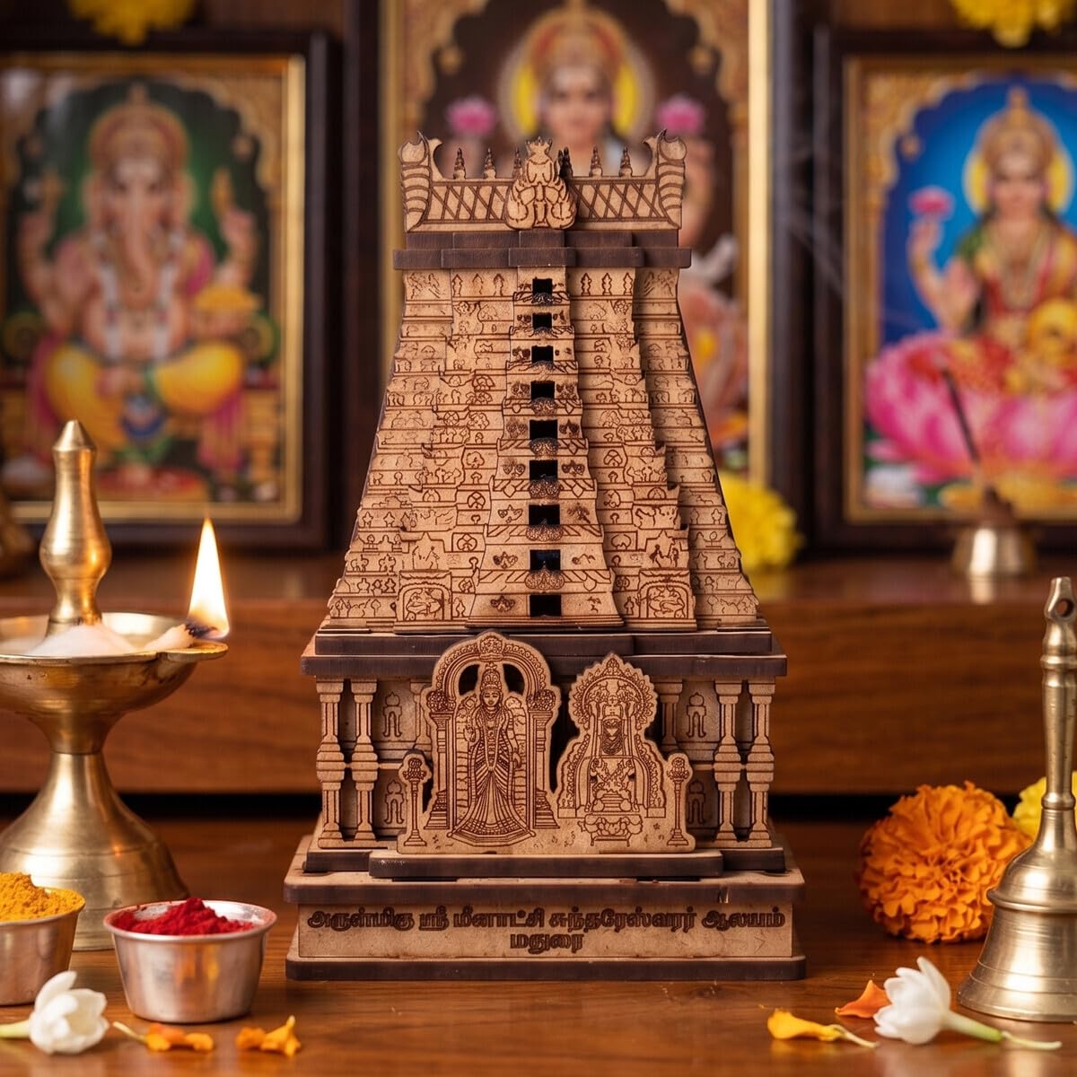 Ayyappan Traders Arulmigu Sri Meenakshi Sundareswarar Temple Wooden Miniature Model Gopuram Replica|3D Laser-Cut Wooden Temple Souvenir for Home, Pooja Room & Car Dashboard (4x2.75x1.5 Inches)