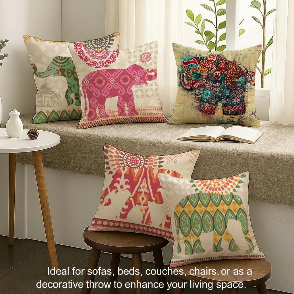 STITCHNEST Set of 5 Gajraj Folk Art Collection Printed Jute Cushion Covers 16x16 Inches | Decorative Throw Pillow Covers for Sofa, Living Room, Bedroom | Perfect for Home Decor