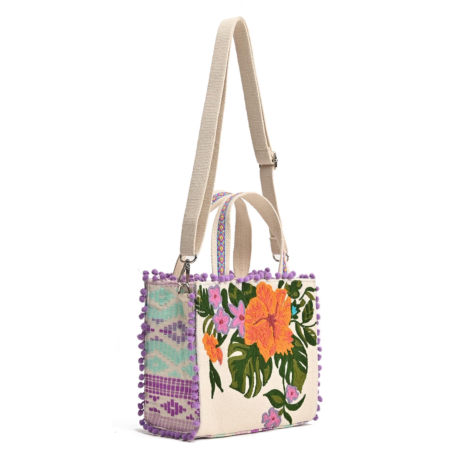 Boho Girl Lavender Blooms Embellished Jacquard Mini Tote for Ladies with Adjustable Strap | Ladies Purse Handbags | Wedding Gifts for Women | Birthday Gifts for Women | Handbag with Zip