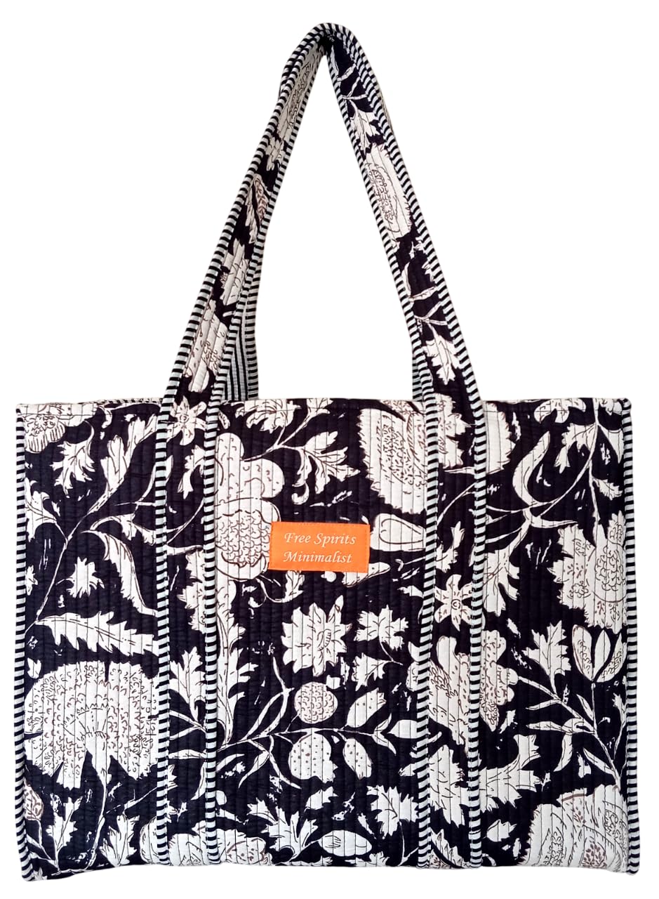Cotton Tote bag for Women | Shoulder Bag | Reversible Bag | Durable Shopping bag | Reusable Grocery Bags | Eco friendly Bags| Handmade Cotton Bag | Stylish Quilted handBag (White Black)