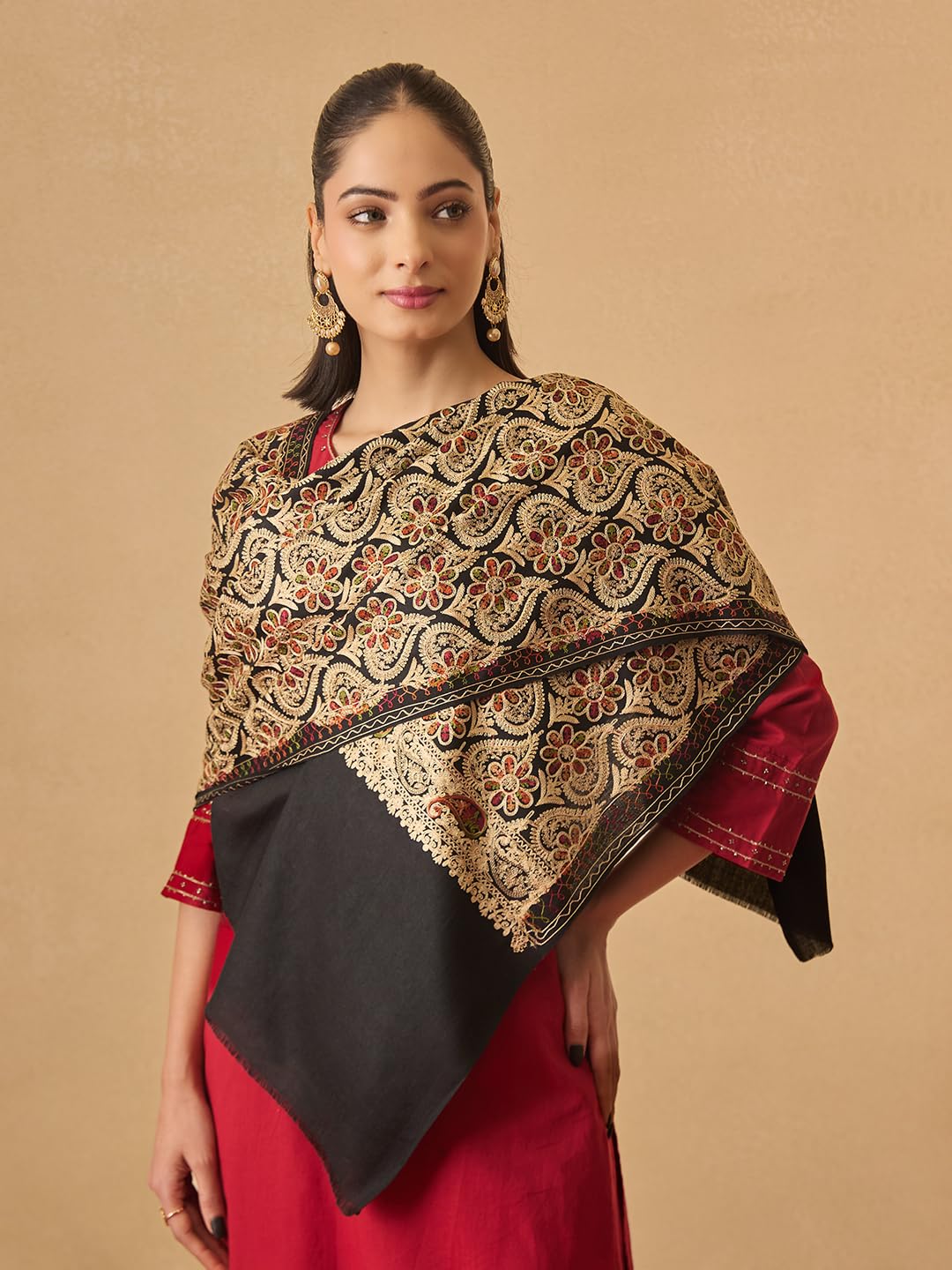 Pashmoda Women Kashish Fine Wool Nalki Embroidered Stole (Size : 28x80in, 71X203cm) EMST01