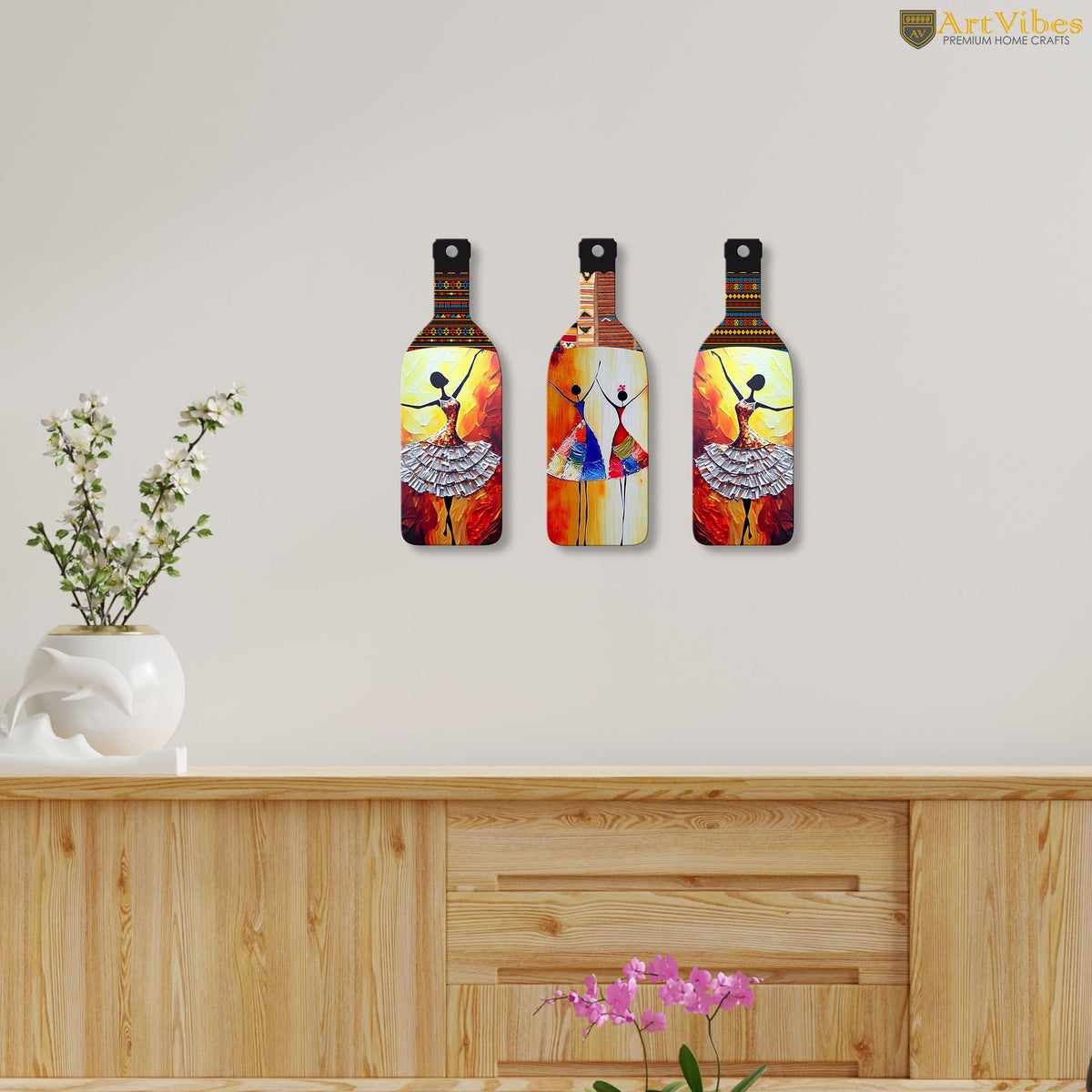 Artvibes Abstract Art Dancing Girl Decor Bottle shaped Wooden Wall Hanging | Modern Wall Art Paintings | Wall Illustrations | Wall Accents | Door Hanging Art Items | Gift Items (WH_9505N), Set of 3