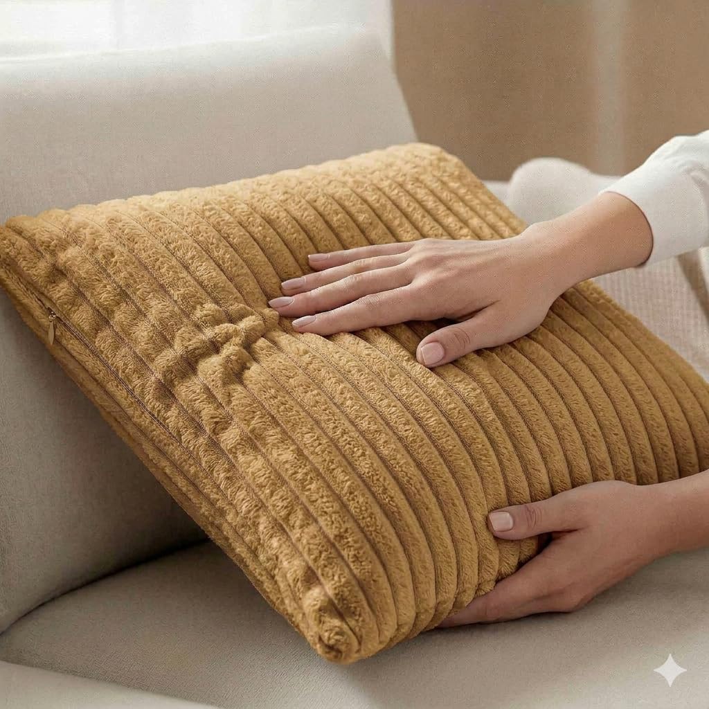 Yellow Weaves Pencil-Stripe Fur Cushion Covers | Soft Polyester | Decorative Sofa & Throw Pillow Covers | 16x16 Inches, Pack of 3 (Golden Brown)