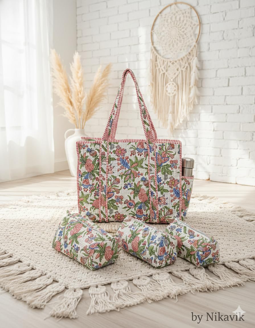 NIKAVIK 1 Tote Bags and 3 Pouch Quilted fabric Handblock Printed Tote Bag(with zip) and bottle compartment with Matching Pouches (White Pink)