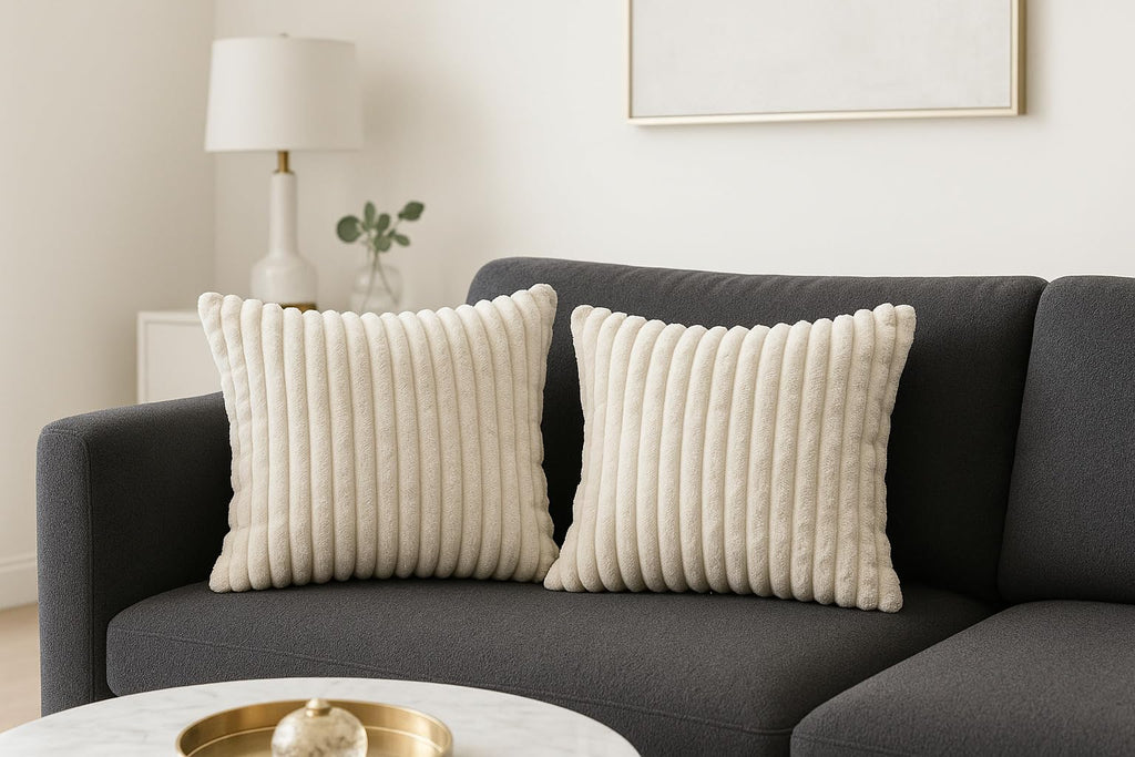 AWARD VELVETS Premium Faux Rabbit Fur Plush Luxury Soft Fluffy Striped Decorative Throw Pillow/Cushion Covers for Sofa, Couch, Living Room - (Beige, 16 x 16 inch) Set of 2