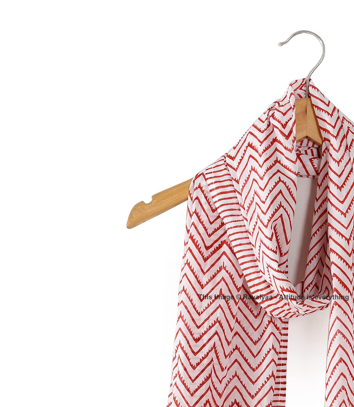 Ravaiyaa - Attitude is everything Hand Block Printed Cotton Long Stole Scarves Hijab Neck Wrap Scarf 71 X 21 Inch (White Red Waves)