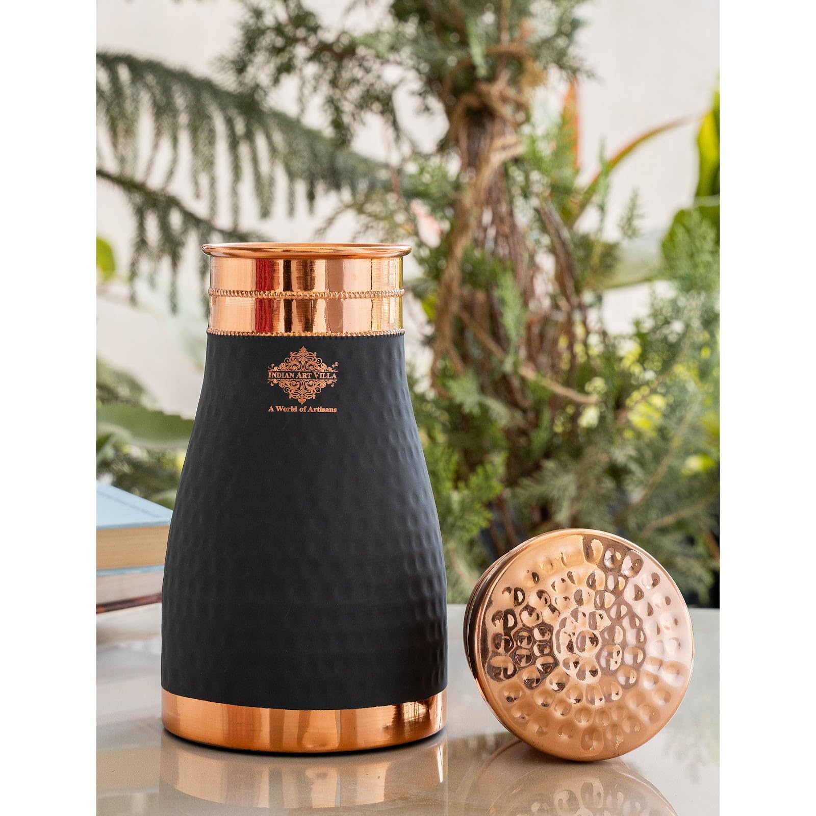 INDIAN ART VILLA Pure Copper Bedroom Bottle with Inbuilt Glass, Grey Silk Finish Hammered Design - Drinkware & Storage Purpose, Volume 950 ml (Pack of 1)