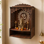 The Castle Decor Wooden Mandir for Home, Wall Hanging & Tabletop Pooja Temple with Om Cutwork Back Panel, Jali Side Panels, Open Storage Shelf, Pooja Room, Office, Hostel, 10x22.2x18 Inch
