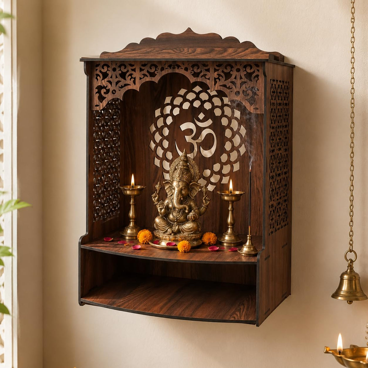 The Castle Decor Wooden Mandir for Home, Wall Hanging & Tabletop Pooja Temple with Om Cutwork Back Panel, Jali Side Panels, Open Storage Shelf, Pooja Room, Office, Hostel, 10x22.2x18 Inch