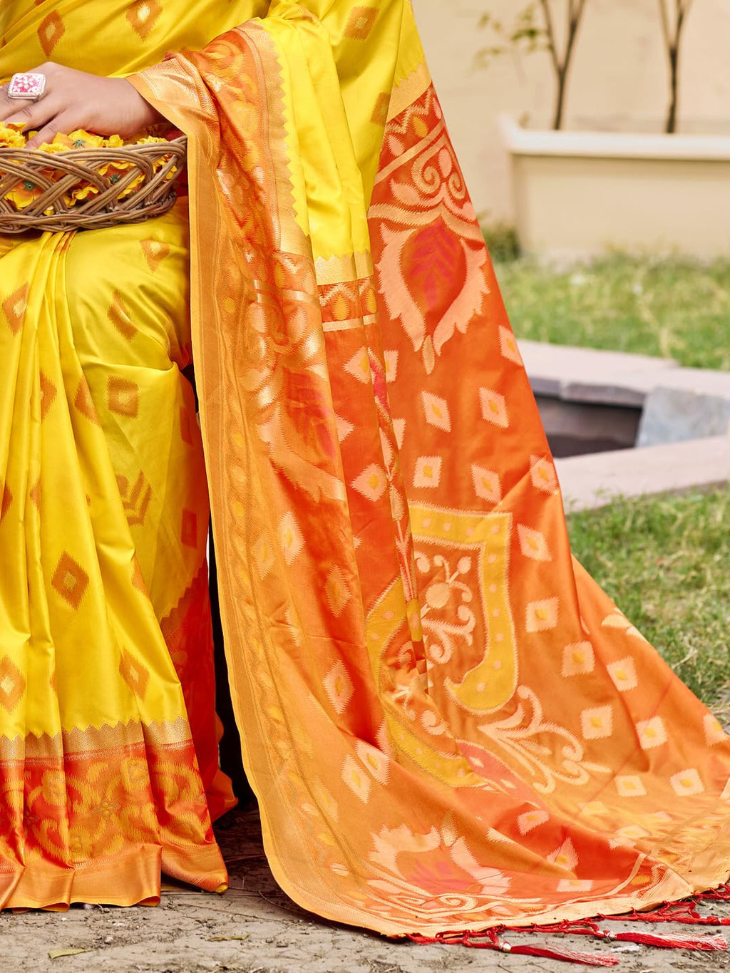 SUTRITI STYLE SOUL Pochampally Silk Saree for Women with Ikat Design, Printed Pallu, Traditional Soft Silk with Blouse Piece, Festive Wedding Ethnic Sari (Yellow)