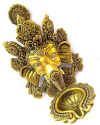 ARTVARKO Brass Ganesh Ganesha Diya On Trunk Wall Hanging Designer Deepak Deepam for Marriage Office Showpiece Gold Standard 1 Pcs