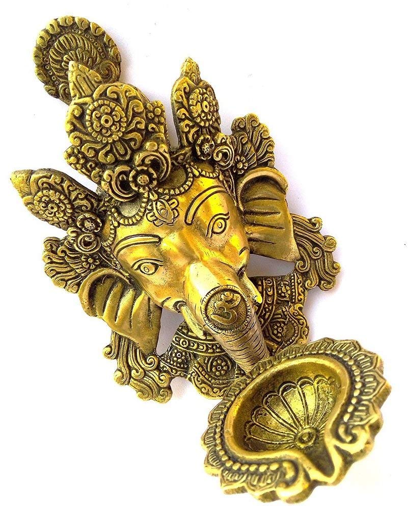 ARTVARKO Brass Ganesh Ganesha Diya On Trunk Wall Hanging Designer Deepak Deepam for Marriage Office Showpiece Gold Standard 1 Pcs