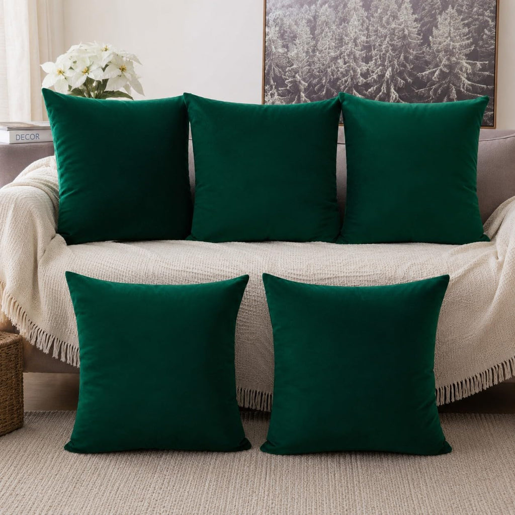 Khooti Velvet Cushion Cover, 22x22 Inch | Army Green | Pack of 5 | Solid Plain Soft & Smooth, Decorative Cushion Covers for Living Room, Bedroom, Couches, Chairs, Sofas, Beds & Home Decor
