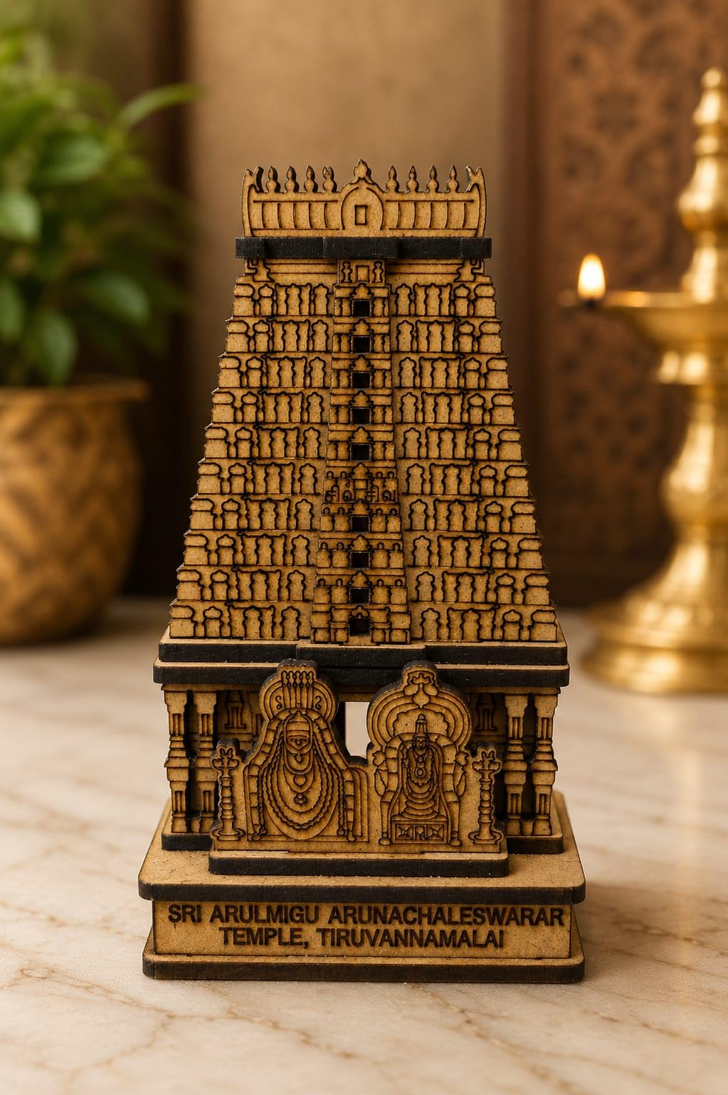 Sri Arunachaleswarar Temple Wooden Miniature, MDF, Laser-Cut Detailed Architecture, Tiruvannamalai Showpiece, Spiritual Gift