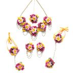 ZENEME Handmade Pink & Yellow Floral Jewellery Set for Women & Girls | Handcrafted Flower Necklace Set with Earrings, Maang Tikka & Pair of Hathphool | Mehendi, Haldi, Wedding & Bridal Jewallery