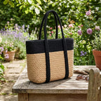Loom & Luster Handwoven Jute Tote Bag Dual Tone Summer Shoulder Bag | Lightweight Eco-Friendly Handbag for girls and woman (Beige & Black)