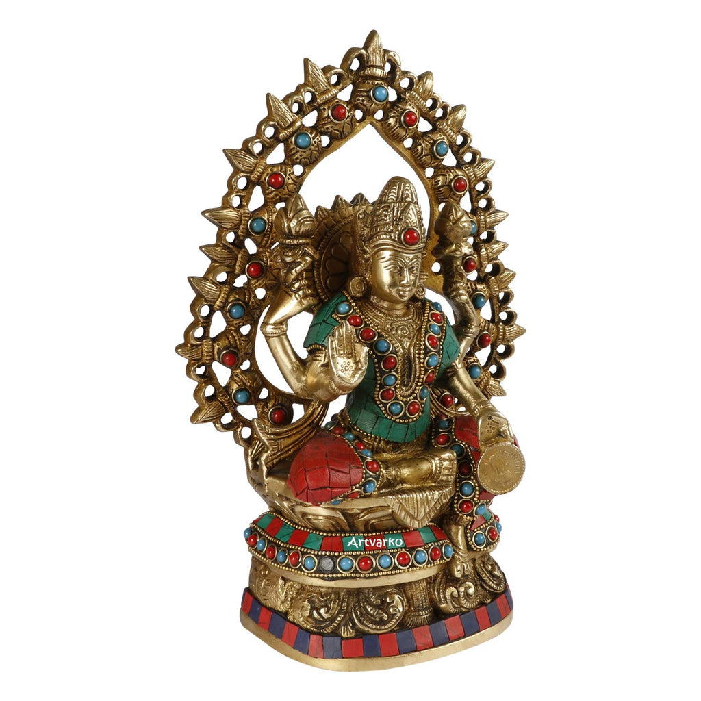 ARTVARKO Brass Lakshmi Devi Idol Statue Multicolor Gemstone Handwork for Home Puja Goddess Laxmi Idols Showpiece for Temple 10 Inches