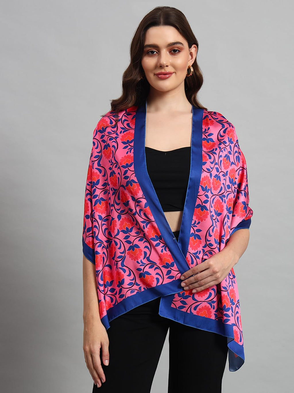 Ravaiyaa - Attitude is everything Women Lightweight Printed 100% Satin Silk Scarf Stoles Breathable Neckerchief Head Beach Wrap Scarves (Pink Blue Floral, 70 x 20 Inch)