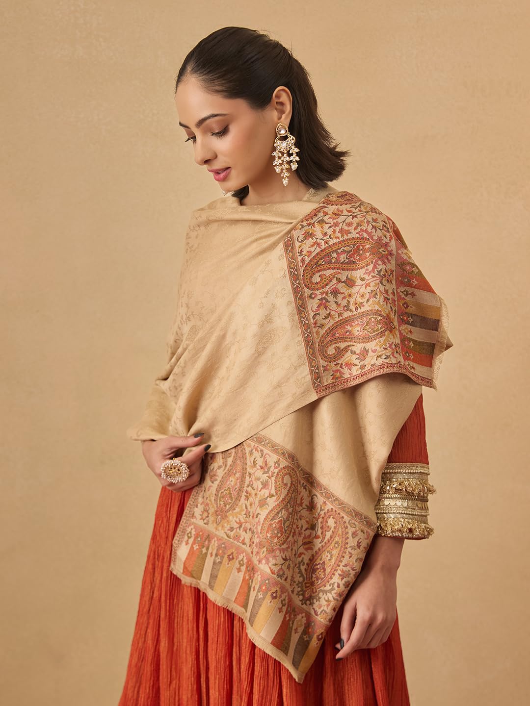 Pashmoda Women Gulpari Kaani Stole, Authentic Kashmiri Luxury Pashmina Style Shawl, Stole, (Size 28x80 Inches, Beige Color) MAVST06