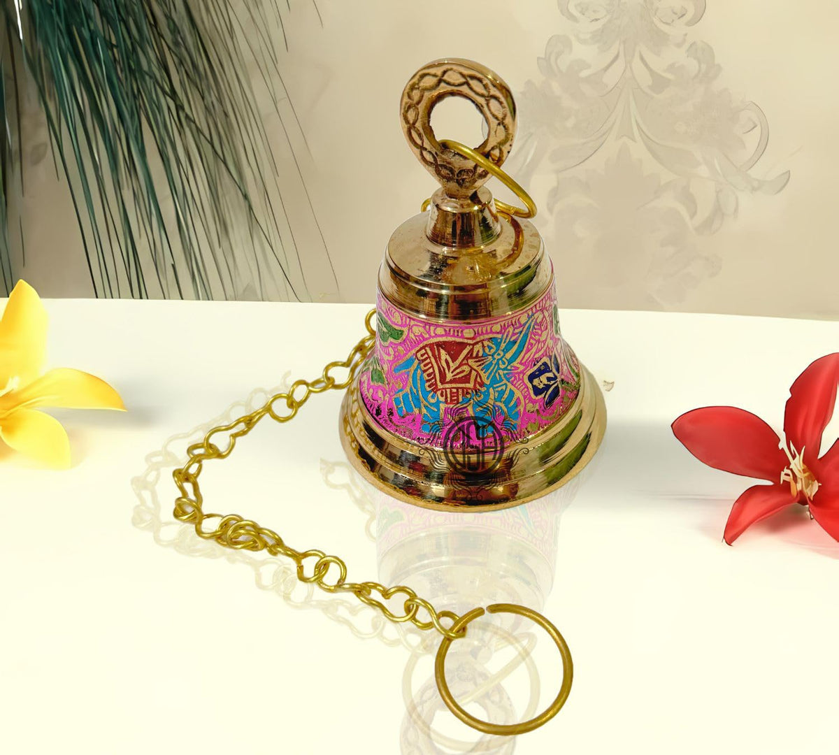 DSH Brass Hanging Bells for Puja Room Decoration Items Hanging Bell for Mandir Temple Decor Ghanti for Mandir. (Pink, H-4.5 Inch)
