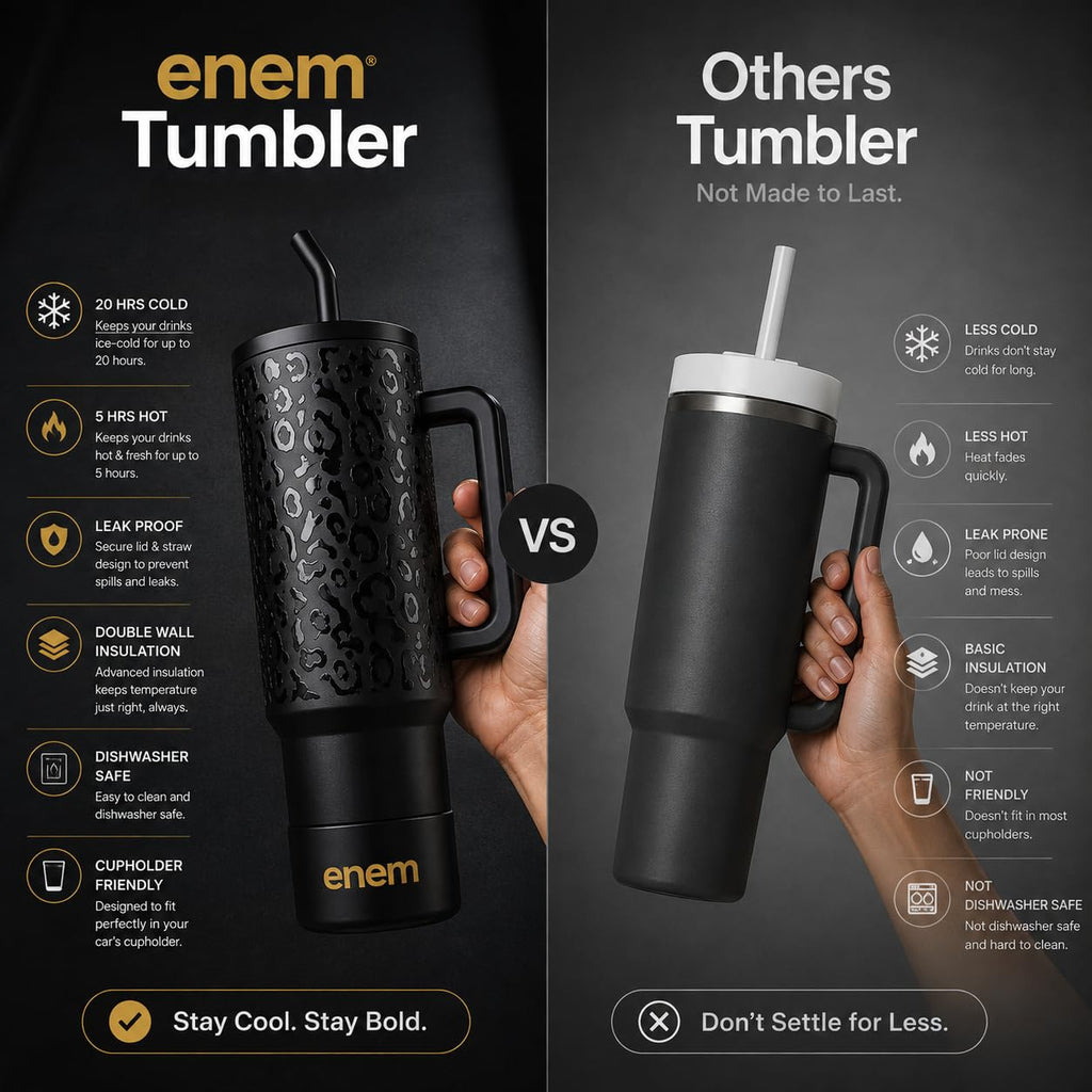 enem Tumbler, Savage Noir, Tumbler with Metal Straw, Sipper, with Lid Leak Proof, 1 Metal Ice Cube, 1 Copper Spring (Tamba), Base Protector, Mug Travel, 1.2L
