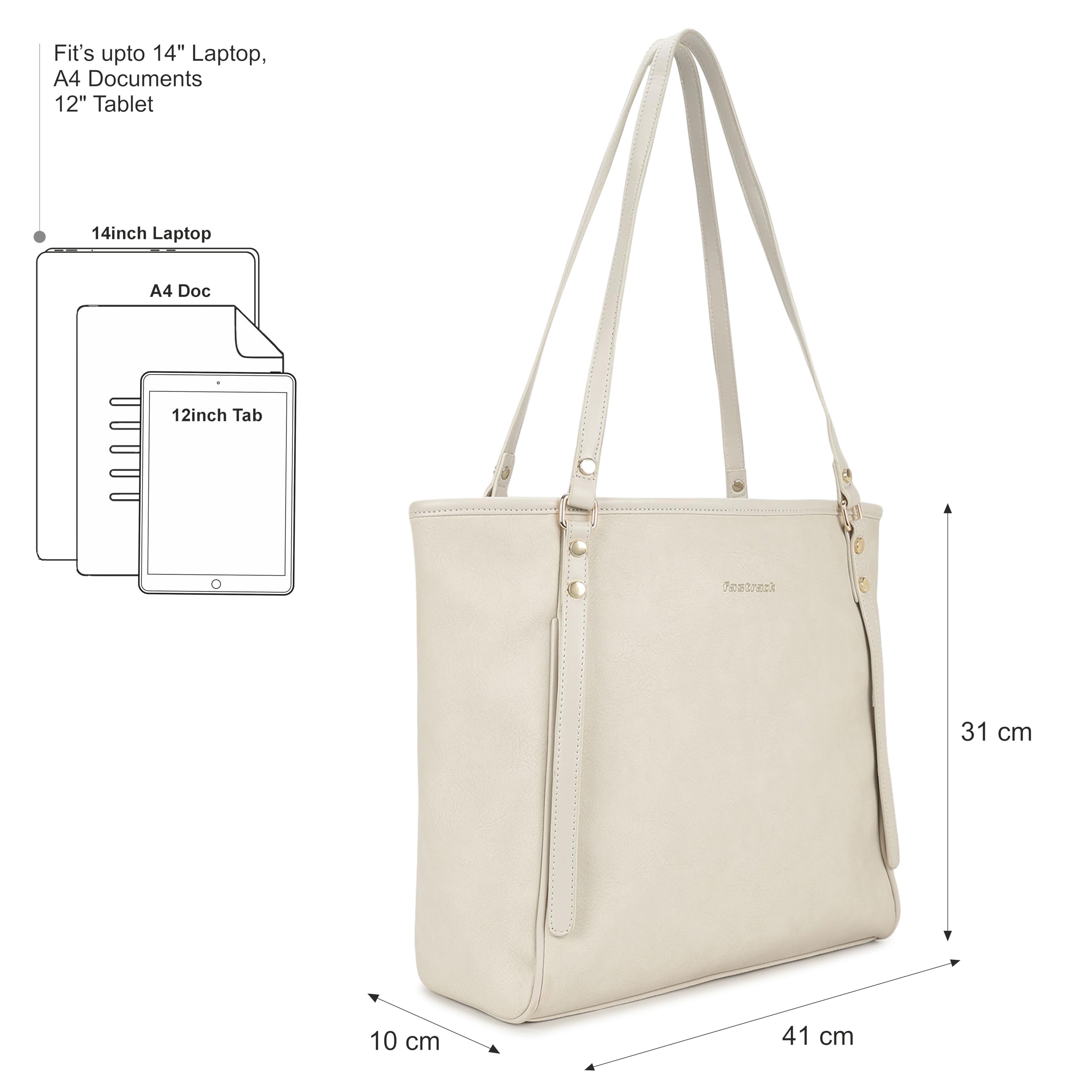 Fastrack Casual Laptop Tote Bag For Girls, Large Size With A Zipper Closure And Padded Laptop Compartment, Compatible With Laptops Up To 14 Inches, Double Handle Bag, Off White